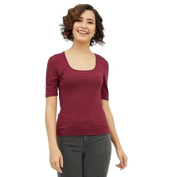 41 Hawthorn Tops - 41 Hawthorn Burgundy Elbow Sleeve Square Neck Ribbed Blouse Womens Size M